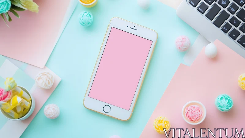 Pastel flat lay smartphone workspace with soft geometric balance.