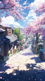 Cherry blossom street in a quiet hillside town under sun.