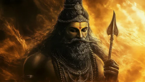 Bearded warrior figure holds ornate trident amid fiery clouds