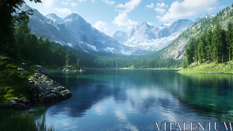 Photorealistic alpine lake vista with glacial mountain range.