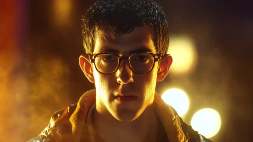 Thoughtful night portrait glowing with warm city lights.