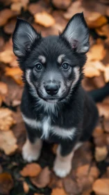 Alert black and tan puppy sitting on autumn leaves ground.