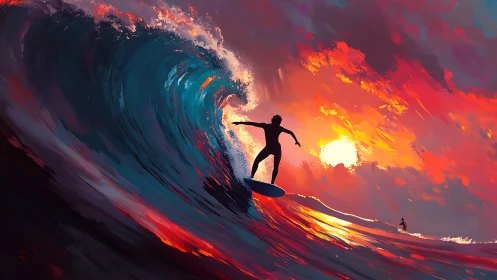 Silhouette surfer carving molten sunset wave in vivid hues.