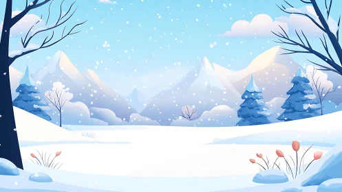 Stylized winter valley with layered mountains and soft snow shading