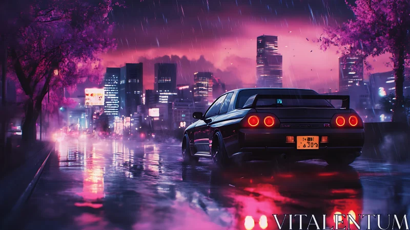 Rain-soaked skyline with sports car under neon night.