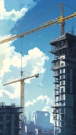 Sunlit construction cranes quietly shape a growing city skyline