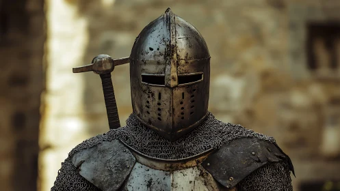 Medieval armored knight in helmet with sword outdoors.