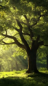 Single deciduous tree stands in backlit forest clearing scene