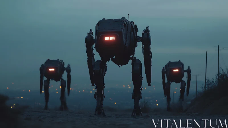 Marching robot sentinels glow softly over a misty city