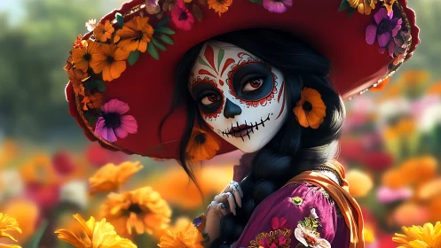 Vibrant D&iacute;a de Muertos catrina amid blooming marigolds.