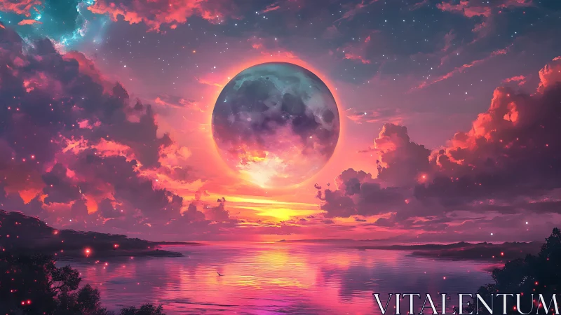 Luminous lunar horizon over iridescent ocean at dusk.