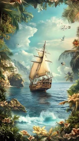 Majestic tall ship sails through tropical turquoise paradise