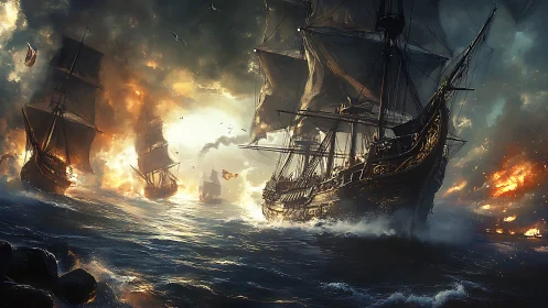 Blazing warships surge through stormy seas in vivid detail