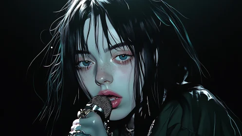 Digital portrait shows blue-eyed singer holding stage microphone