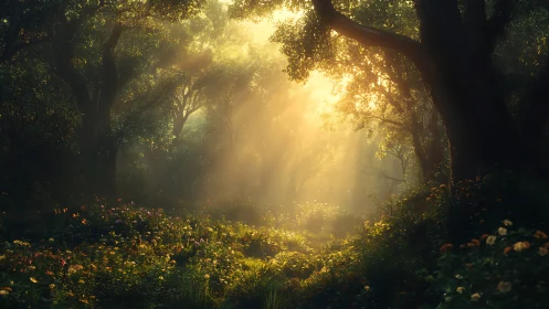 Forest pathway with directional light through canopy