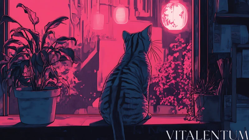 Window cat in neon nightlight, soaking in quiet city magic.