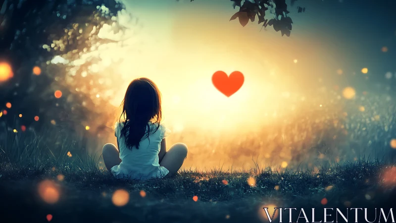 Child sits in sunlit field, luminous heart floating above