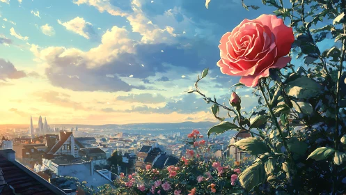 Digital painting of rose terrace overlooking luminous cityscape.