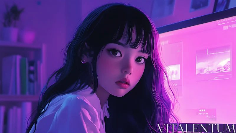 Digital artist girl lit by neon pink desktop monitor glow