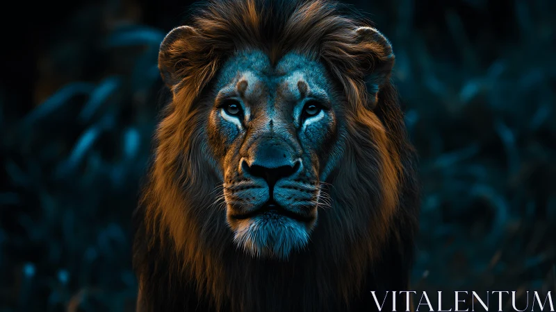 Male lion portrait under cool blue-toned low light conditions.
