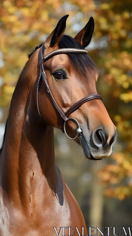 Elegant bay horse stands poised against warm autumn bokeh