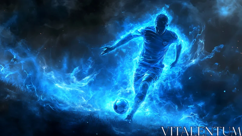Electric blue energy-clad footballer in dynamic digital painting.