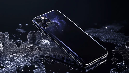 Sleek midnight smartphone resting among shimmering ice.
