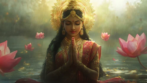 Golden dawn crowns a serene lotus prayer in gentle rain
