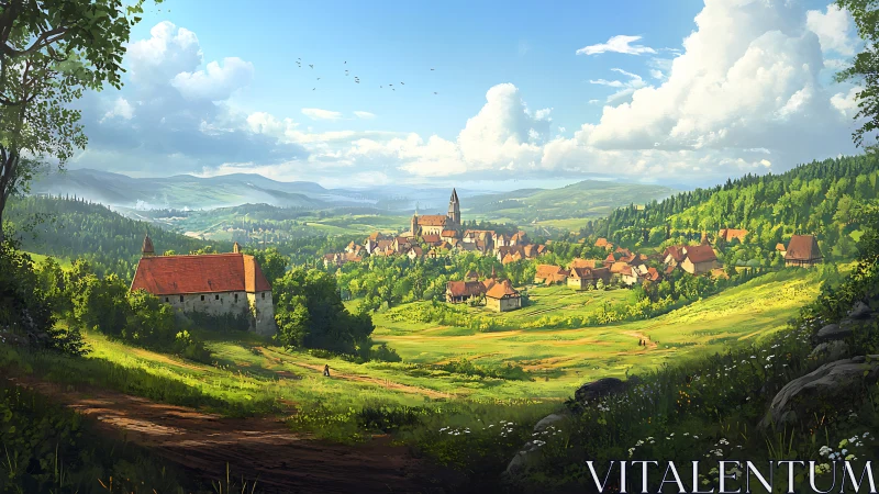 Sunlit medieval valley town rendered with deep atmospheric perspective