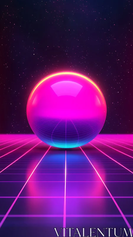 Neon holo sphere hovering over retro-futurist gridscape.