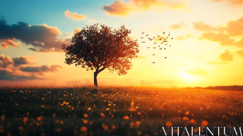 Lone tree in golden field at sunset, digital art landscape.