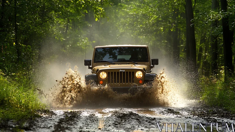 Off-road Jeep surges through sunlit forest mud run