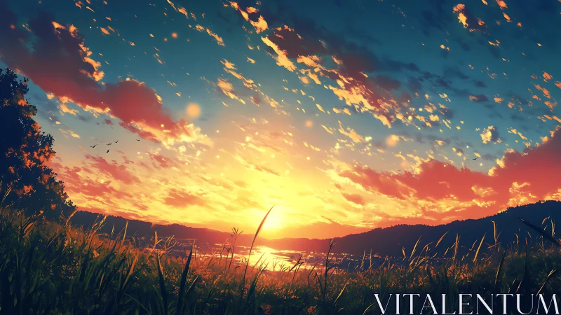 Spectral-gradient sunset over river valley and silhouetted grasslands.