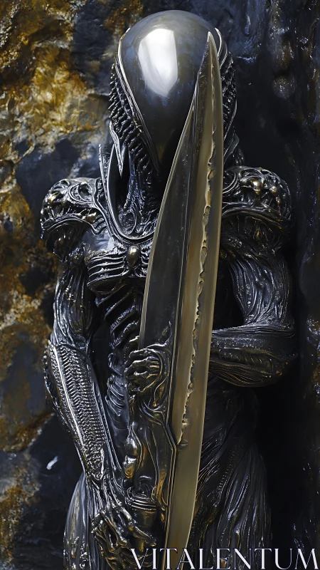 Biomechanical alien sentry with translucent monolithic sword