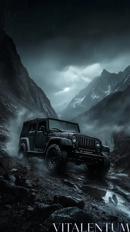 Off-road jeep climbs wet rocky trail in dark mountain pass