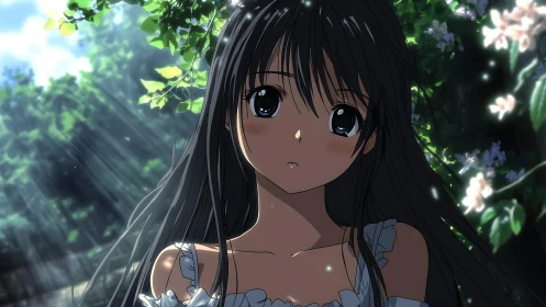 Soft sunlight surrounds a wistful anime girl in quiet garden