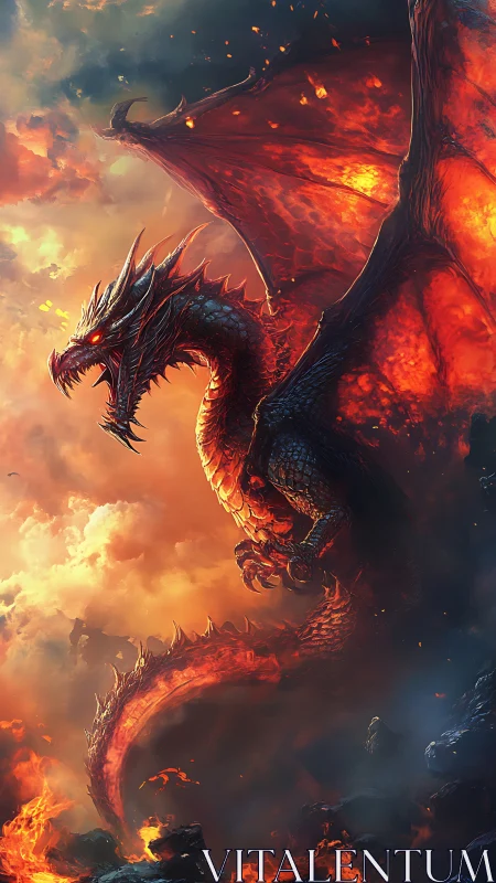 Fiery sky dragon rising through molten clouds of wonder.