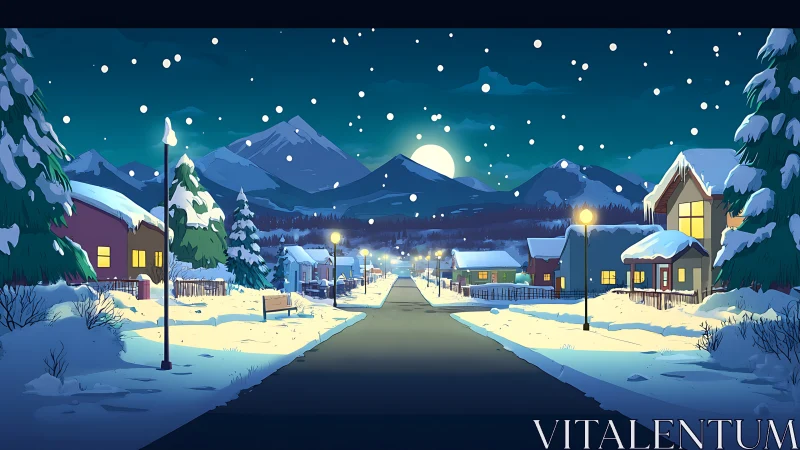 Snowy suburban street at night under full winter moon