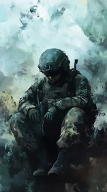 Solitary soldier rests in misty battlefield abstraction