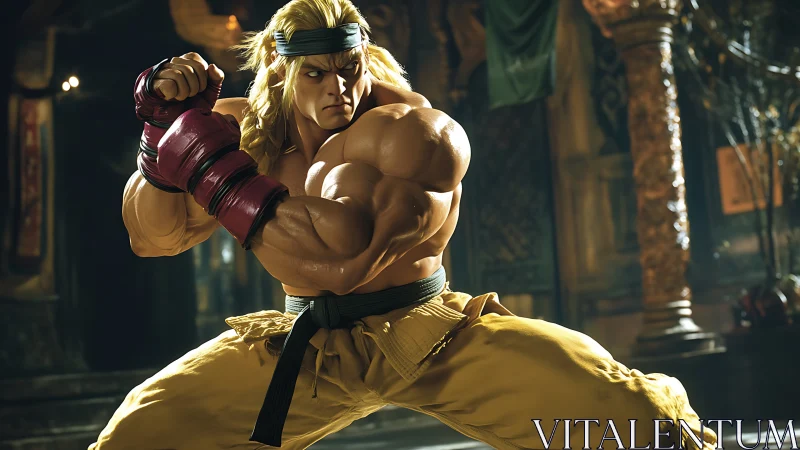 Blonde martial artist in yellow gi holding a fighting stance.