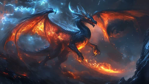 Lava-winged dragon soars through stormlit volcanic night.