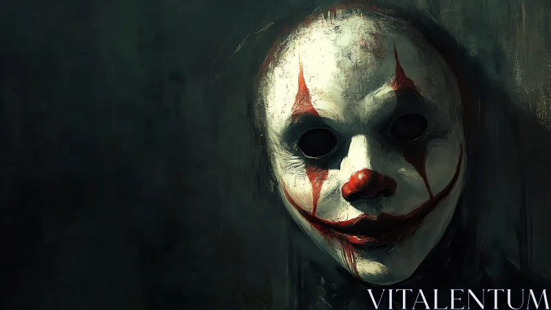 Digital painting of sinister clown mask in dark void.