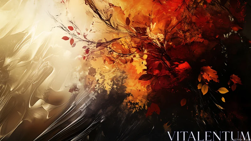 Fiery autumn leaves spiral through abstract golden storm