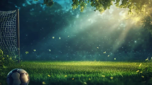 Sunlit soccer field glows under drifting evening leaves.