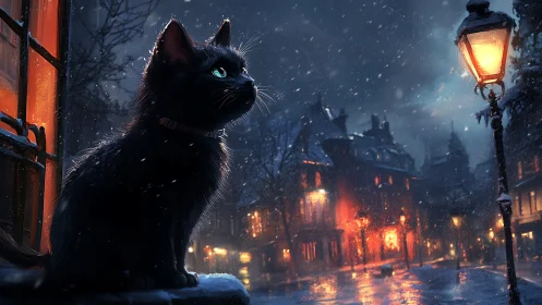 Black Cat Silhouette in Snowing Historic Urban Street at Night