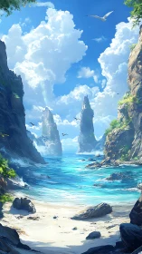 Towering Sea Cliffs Frame Turquoise Lagoon Paradise.