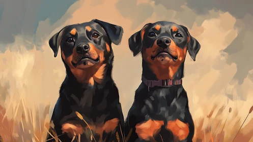 Two Rottweilers sit alert in warm stylized field light