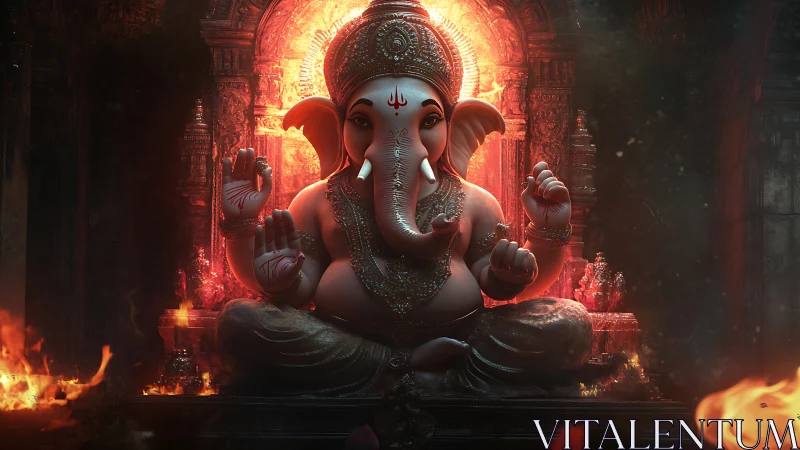 Divine Ganesha idol glows before fiery temple sanctum