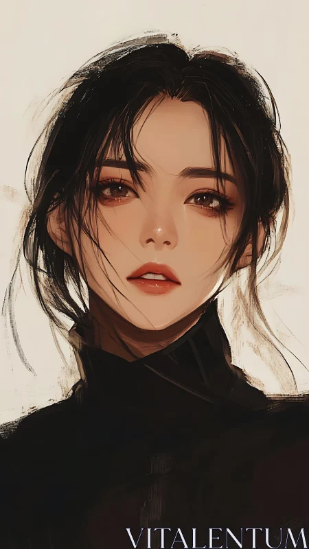 Digital portrait of young woman with loose dark hair.
