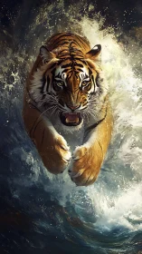 Roaring tiger bursts through churning ocean waves in mid charge